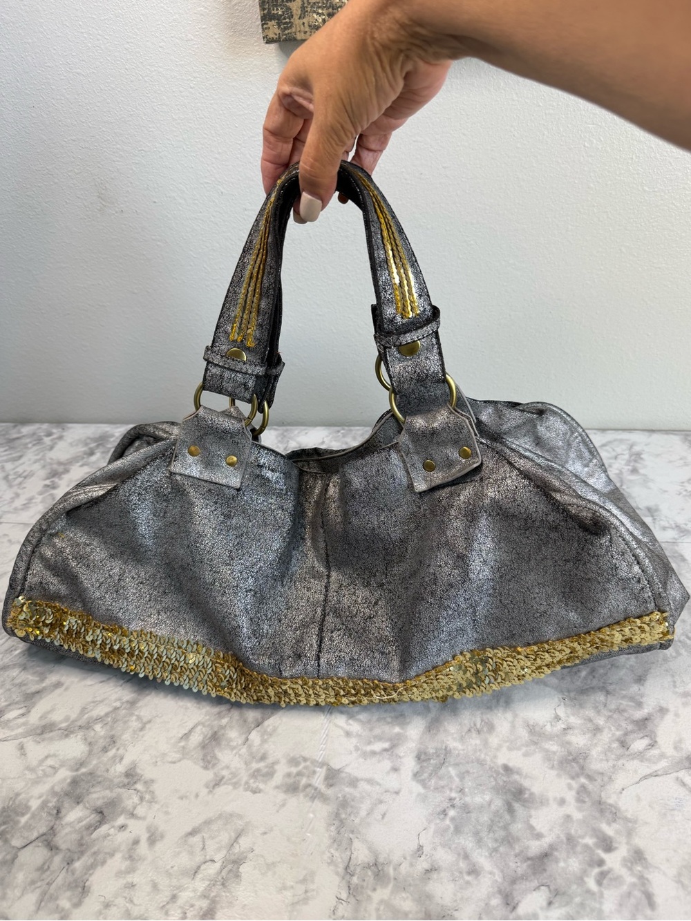 Deux lux, Metallic Silver and Gold sequin Accent Satchel Bag Vegan leather